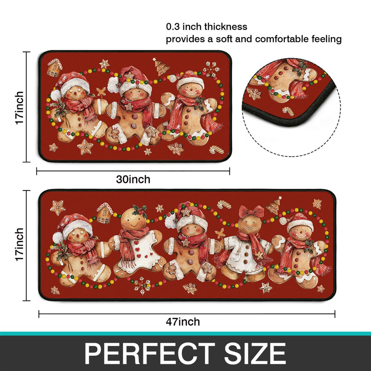 Christmas Kitchen Mats for Floor, Gingerbread Kitchen Rugs Sets of 2,Red Xmas Non-Slip Washable Kitchen Decor Floor Rug Home Decoration Doormat 17"x30"+17"x47"