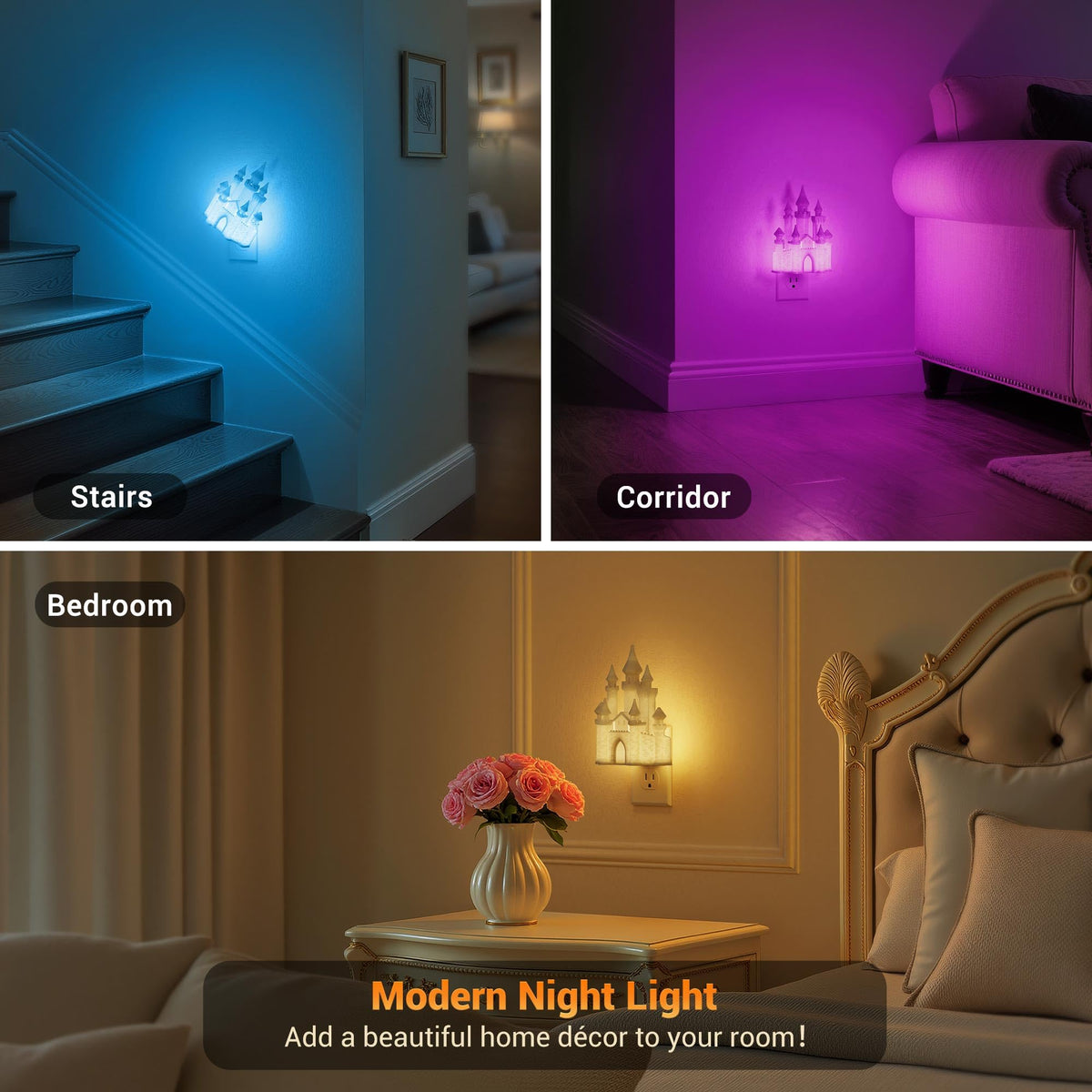 JandCase Night Lights Plug into Wall,3D Printed Castle RGB Night Light,2 Pack 10-Color Change Night Light,Dimmable Nightlights with Dusk to Dawn Sensor for Rooms Bathroom Hallway