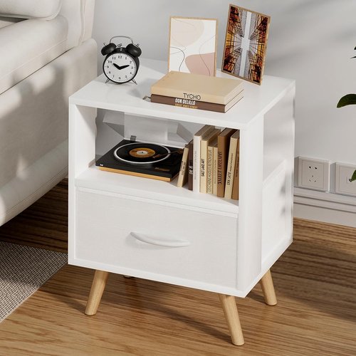 Aenuert Night Stand, White Kids Nightstand with Drawer, Nursery Side Table with Open Storage, 2-Tier Modern End Table, Bedside Table for Small Space, Living Room, Bedroom