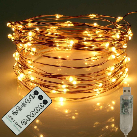 QBIS Warm White Fairy Lights on Copper Wire, 100 Micro LED String Lights with USB Plug, Timer, Multi Function, Adjust Brightness, Pretty Micro LED Christmas Lights