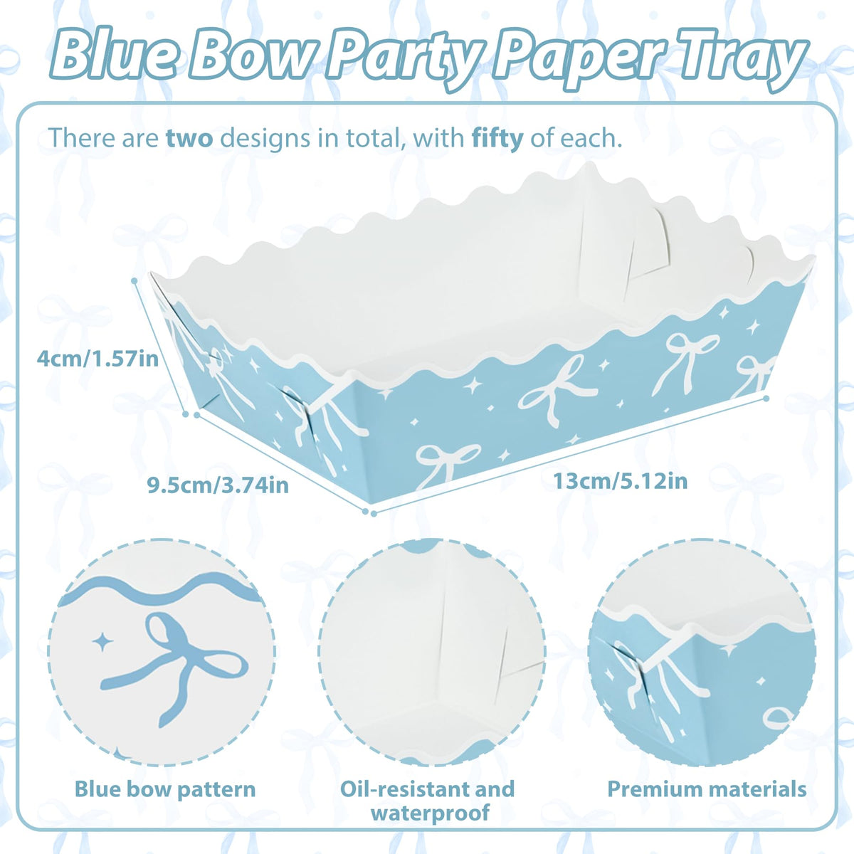 100 Pcs Blue Bow Paper Food Trays Blue Coquette Cookie Tray for Gift Giving Scalloped Food Serving Boat Disposable Trays for Serving Snack Bridesmaids Wedding Party Favors