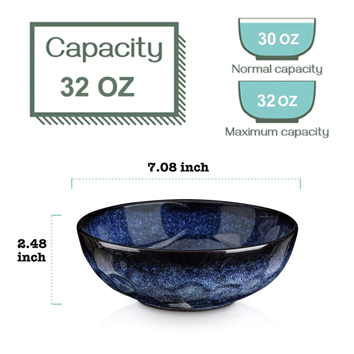 vicrays Ceramic Salad Bowls Set for Kitchen, Serving - 32 Ounce Soup Bowls, Pasta Bowls, Chip Resistant, Dishwasher Microwave Safe, Large, Fluted, stoneware, Set of 6 (Blue)
