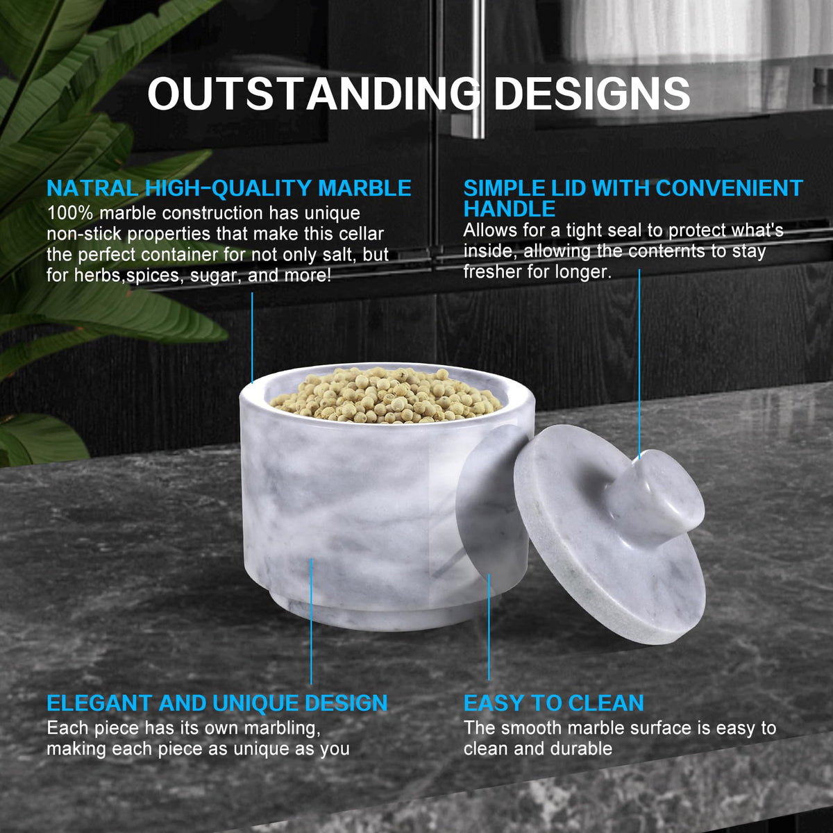 RingsTown 2PCS Natural Marble salt holder with lid, 3.2 in, Unique Veining, Airtight Seal for Salt & Pepper, Ideal for Spice Racks & Countertops(Black & White)
