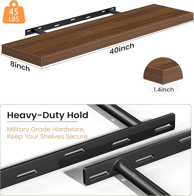 Fun Memories Floating Shelves for Wall, 40 Inch Long Set of 2 Rustic Wood Wall