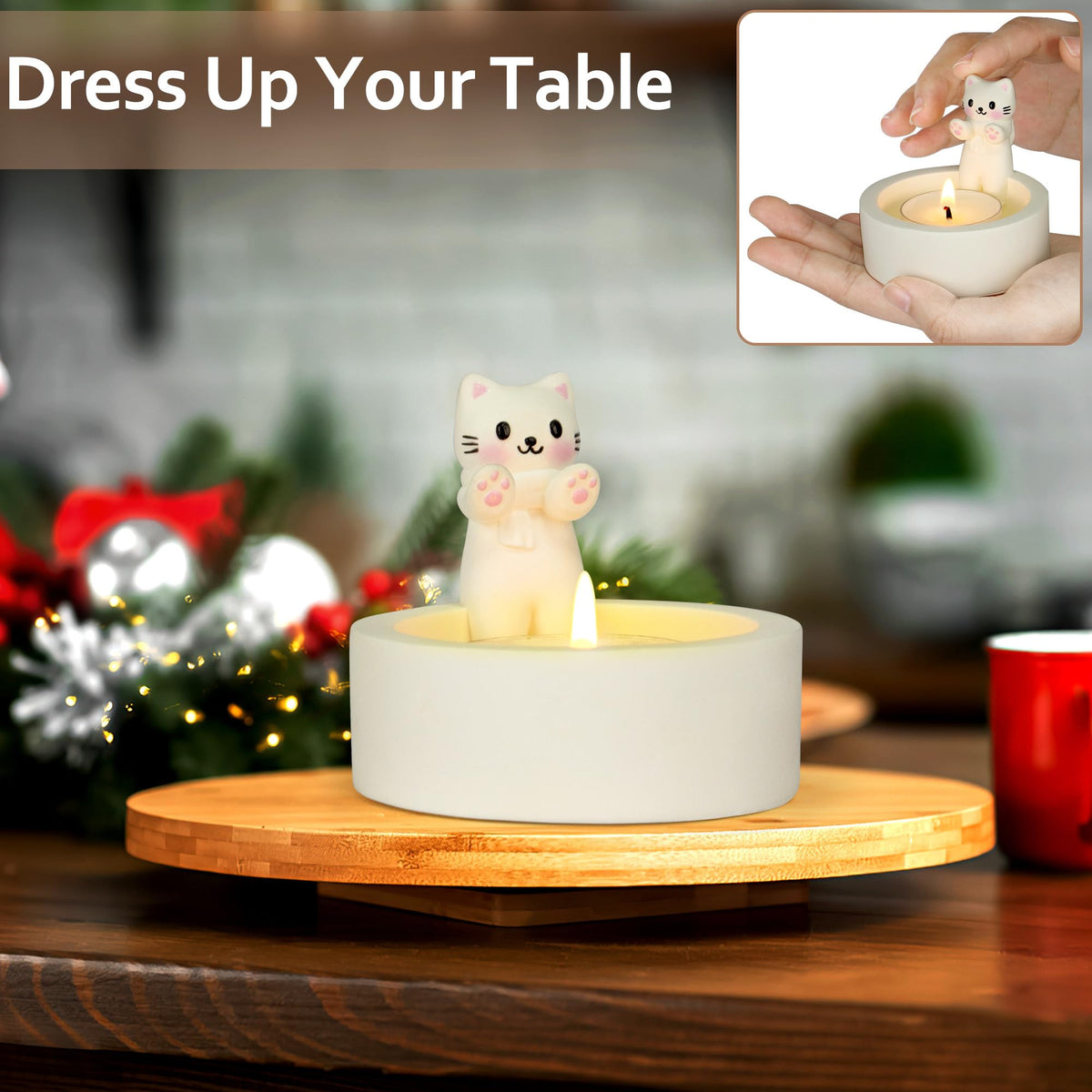 Teppellze Cute Cat Candle Holder, Handmade Kitten Warming Paws Tealight Holder, Aesthetic Room Decor, Unique Gifts for Cat Lovers Women, Friends, Cat Moms (Gift Box Included)