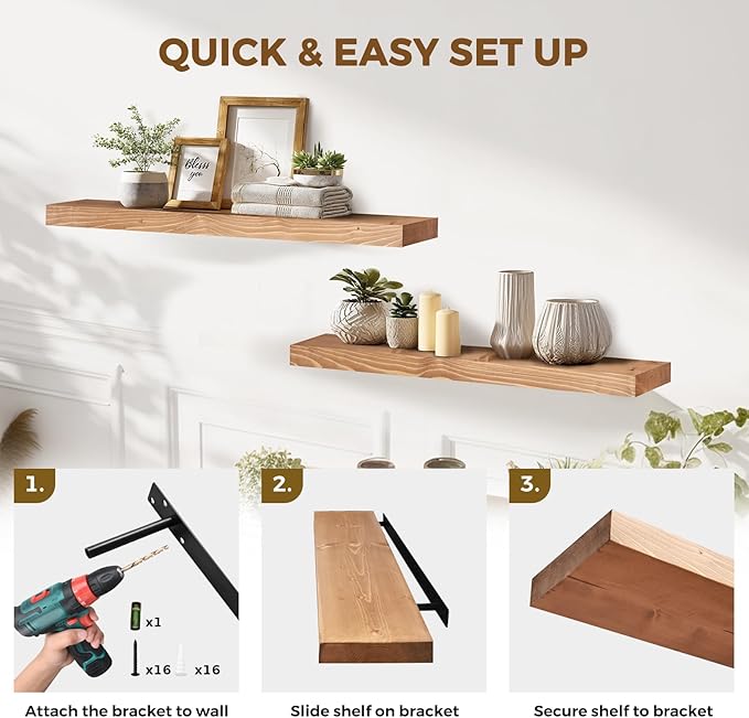 36x8x1.6 inch Floating Shelves Set of 2 – Solid Wood Rustic Oak Wall Mounted