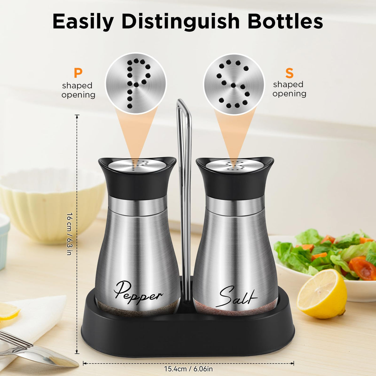 Salt and Pepper Shakers Set, 4 oz Stainless Steel Salt Shaker, Farmhouse Salt Pepper Shaker Containers with Glass Bottom for Kitchen Gadgets Cooking Table, BBQ, Bar, RV, Camp (Silver)