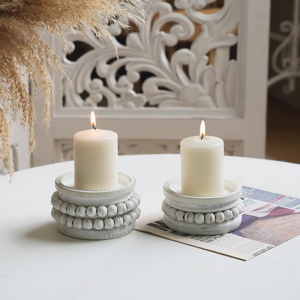 NIKKY HOME Farmhouse Beaded Wood Pillar Candle Holders Set of 2, White