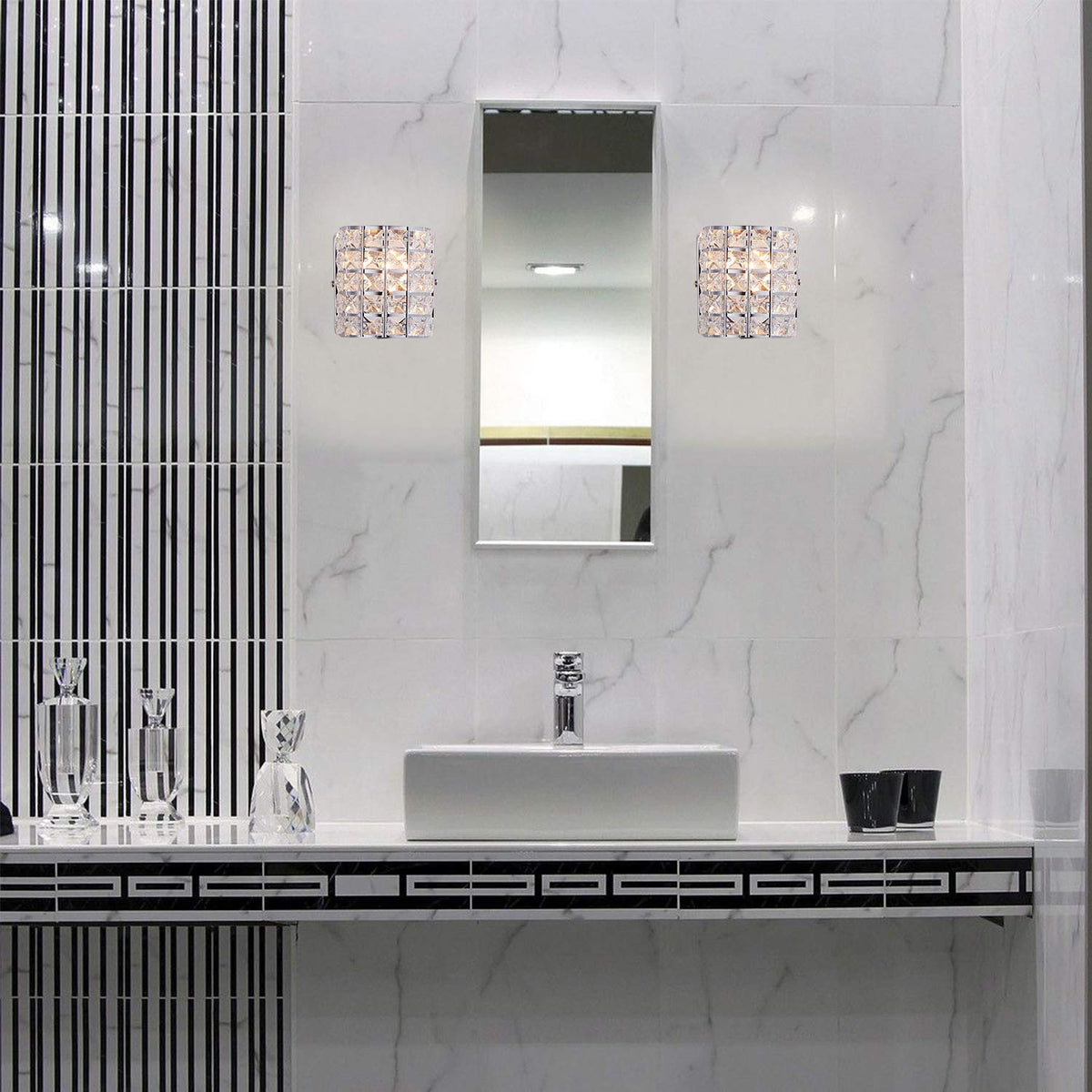 LOCLGPM Modern Chrome Crystal Wall Sconces, Elegant Bathroom Vanity Wall Light Fixtures for Living Room Bedroom Bathroom Hallway Entryway Staircase