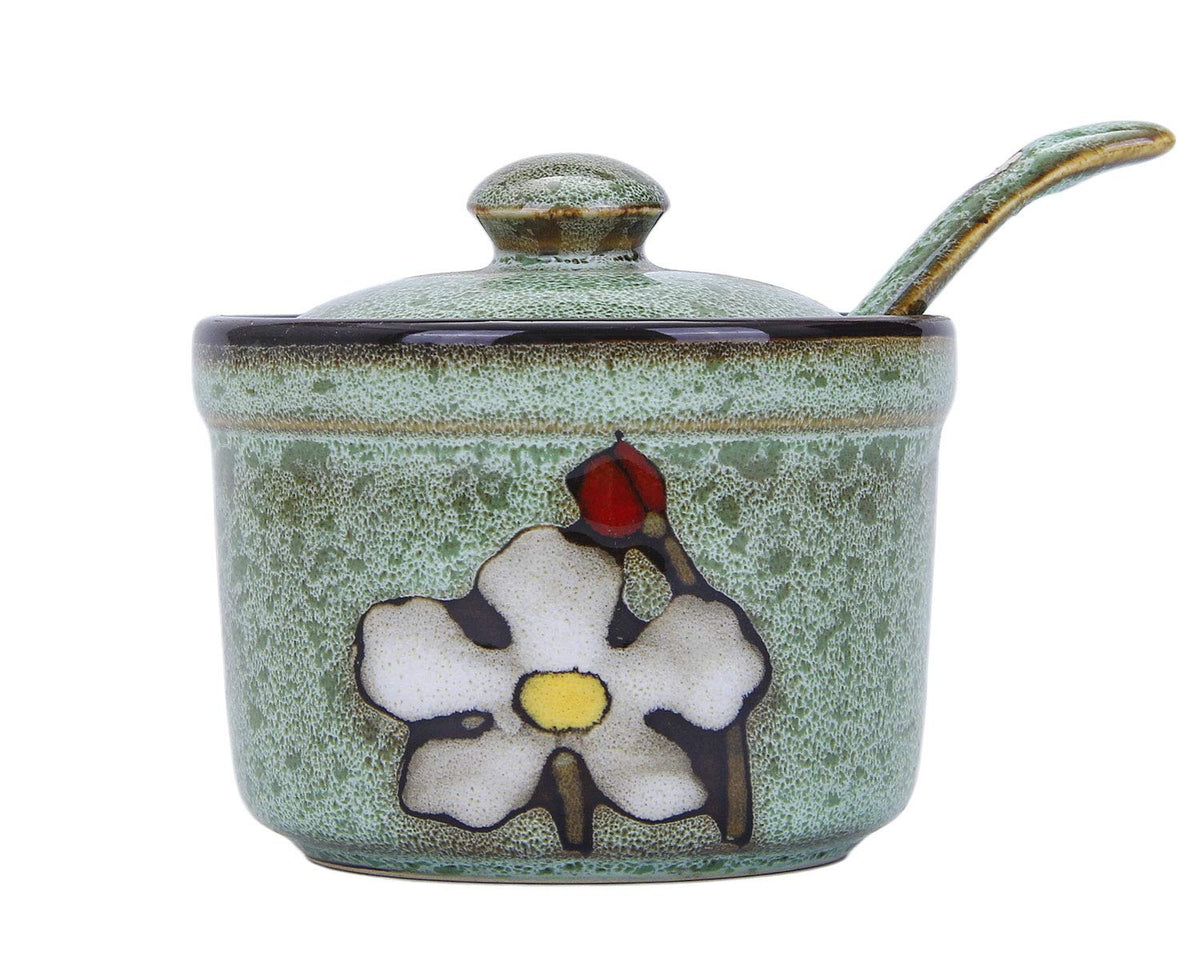 VanEnjoy Retro Hand Painted Flower Ceramic Round Sugar Bowls Spice Containers Porcelain Jar with Spoon Round Condiment