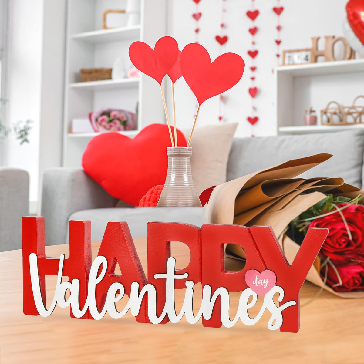 COCHIE Wooden Happy Valentine's Day Sign, Valentine Decorations for Home, Office, Shelf, Mantel, Indoor, Wood Heart Decor, Red Pink Table Top Party Decoration (Valentines)