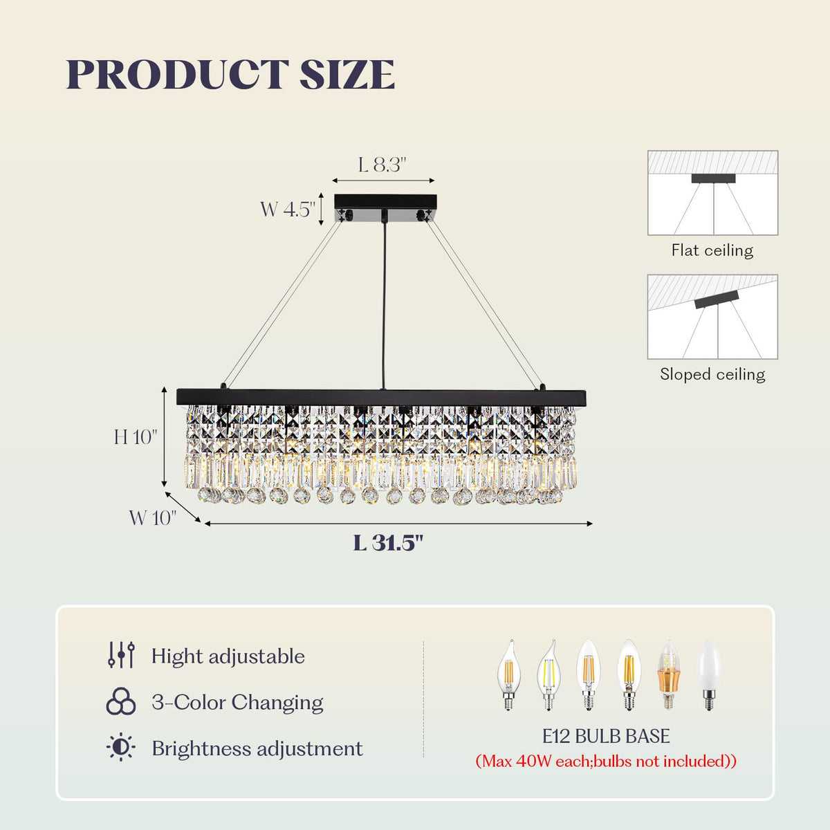 7PMBEANE Rectangle K9 Crystal Chandelier,Rectangular Contemporary Pendant Light Fixture,Black Modern Crystal Chandeliers for Dining Room Kitchen Island L31.5''xW10''xH10''