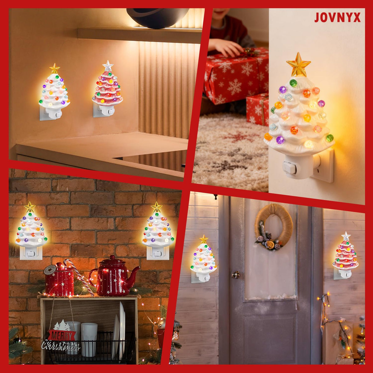 JOVYNX 2 Pack Christmas Ceramic Tree Night Light Plug in,360° Rotatable Nostalgic Xmas Day Night Light that Light Up,Pink White Retro Christmas Day Decor Nightlights