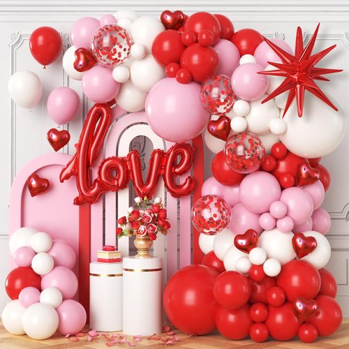 ESAG Valentines Day Balloon Arch Kit, Pink Red White Balloon Garland with 32" LOVE/ 22"Explosion Star/ 5" Heart Foil Balloon for Galentines Mothers Day Wedding Engagement Anniversary Party Decorations