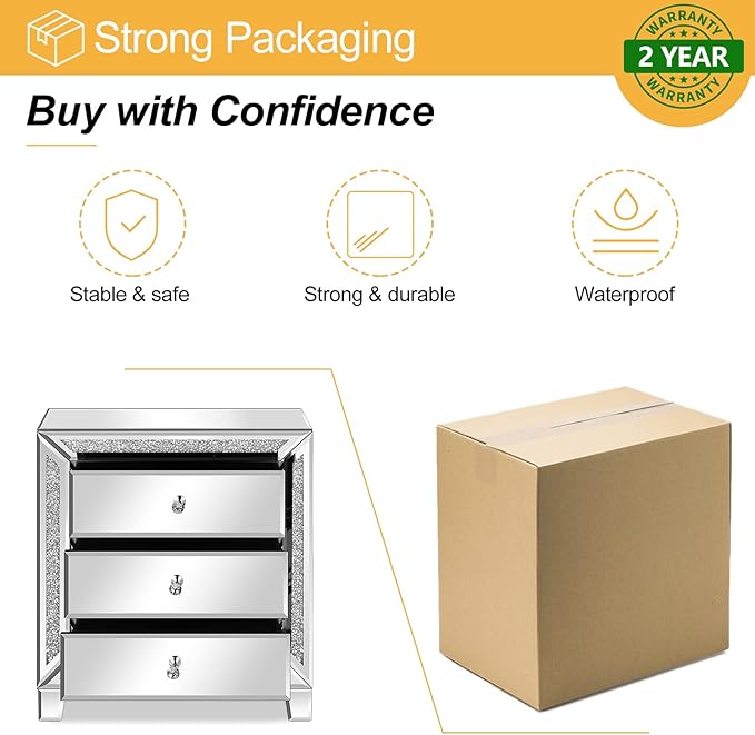 VINGLI Mirrored Nightstands Set of 2, Modern Bedside Table 3 Drawer Glass Side