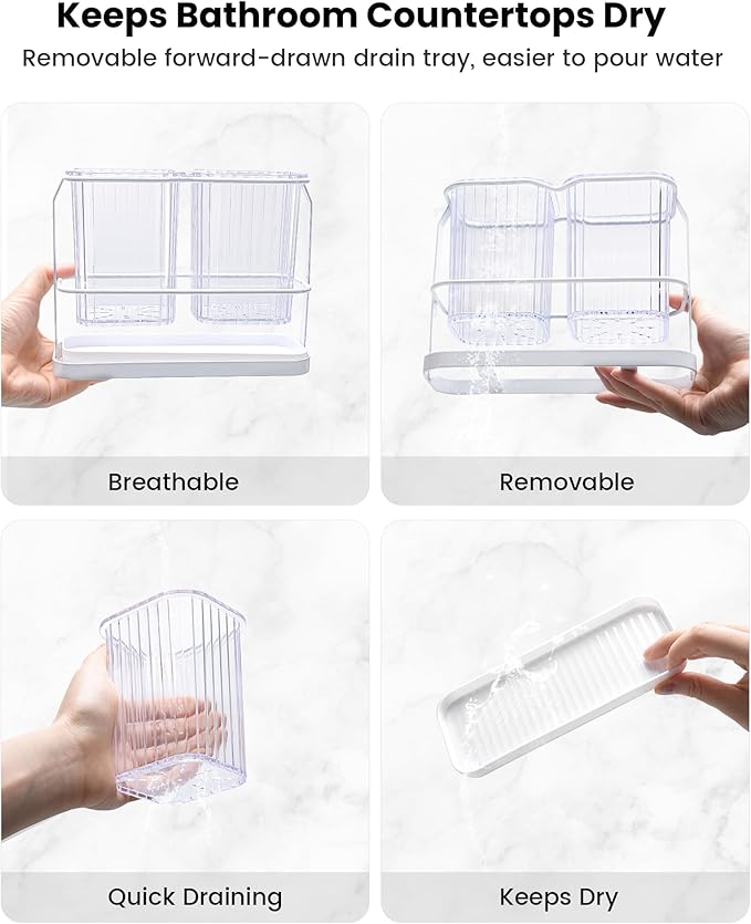 KONE Clear Toothbrush Holders for Bathroom, 2 Cups Wall Mounted, Dry & Wet