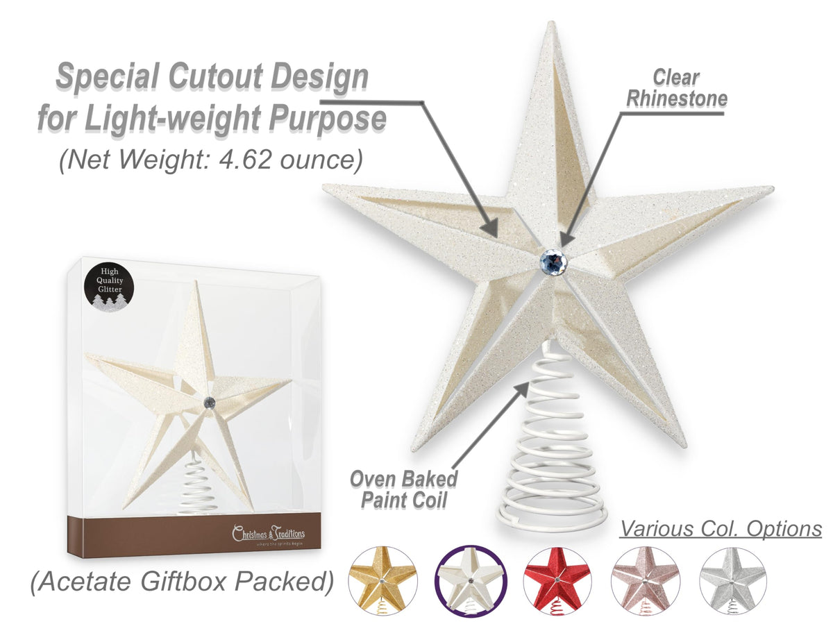 Christmas Traditions 10 inch Glittered Large Filigree Christmas Star Tree Topper Star for Large Tree 6 feet-8 feet Tall/Home Decor Ornaments (Platinum White)