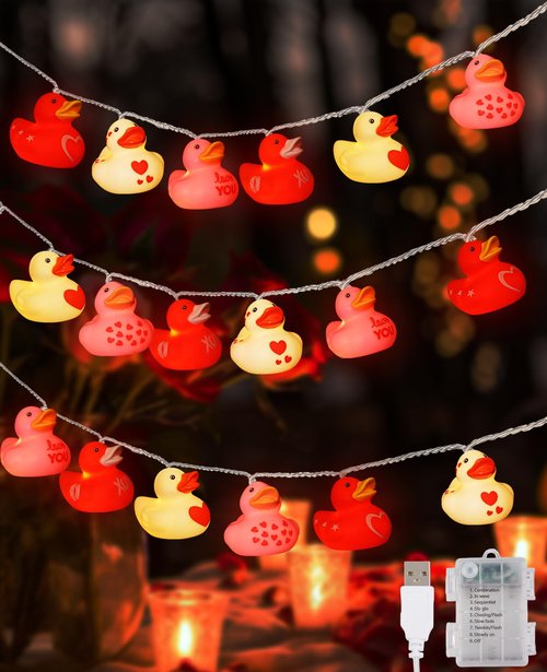 AceList Heart Rubber Ducks String Lights, 20 LED Love Rubber Duck Can Squeezable and Sound-Enabled, Valentine‘s Day Decor for Kids Room, Party, Proposal, Wedding, Nursery