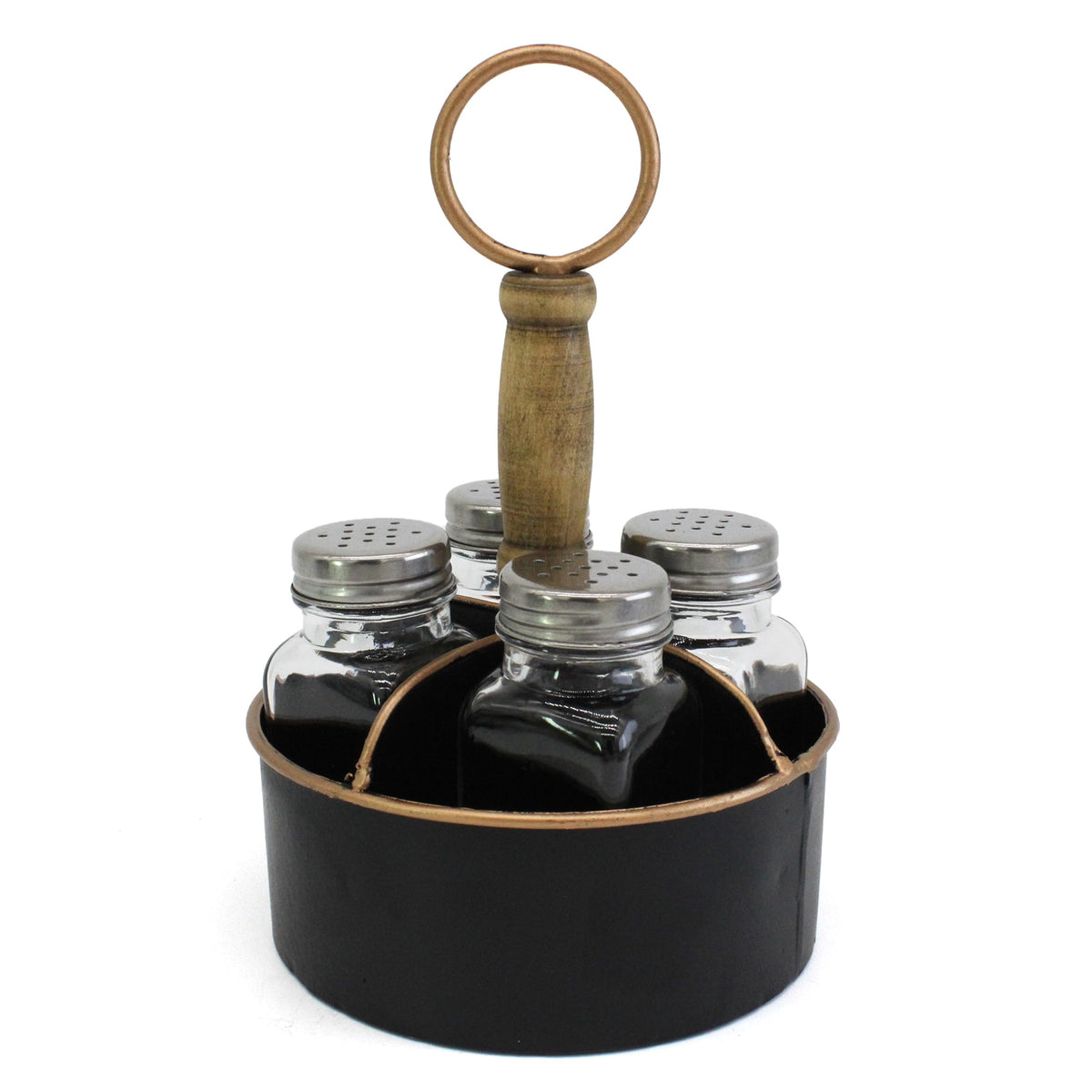 ZNCO Metal Round Salt, Pepper and Toothpick Caddy with Wooden Handle, Glass Shakers Set, Rustic Vintage Style, Black