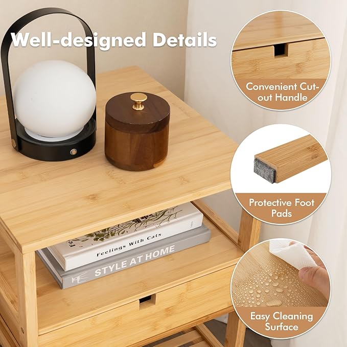 Giantex Bamboo Nightstands Set of 2, Wood Side Tables