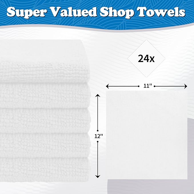 FIXSMITH Microfiber Cleaning Cloth, Shop Towels Bulk, 24 Pack White Microfiber