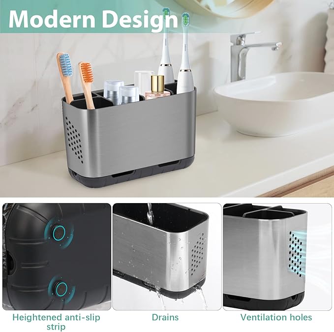 Boperzi Toothbrush and Toothpaste Holder Brushed Nickel Drainage