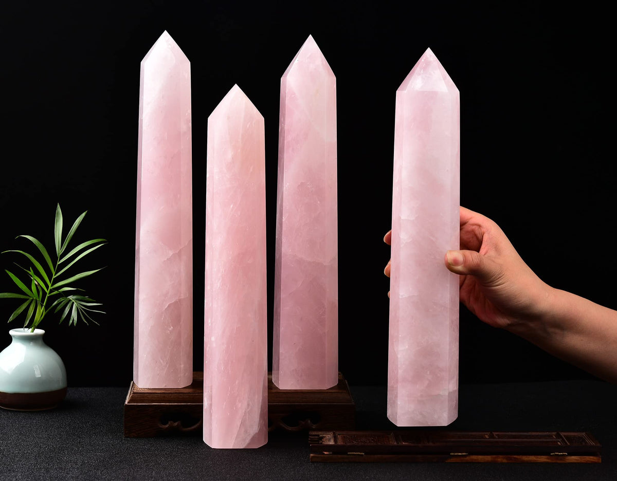 AMOYSTONE Extra Large Healing Crystal Obelisk Tower Rose Quartz Point Wand Crystal Decor Reiki Gifts for Bignners 1.7-2.2 LBS