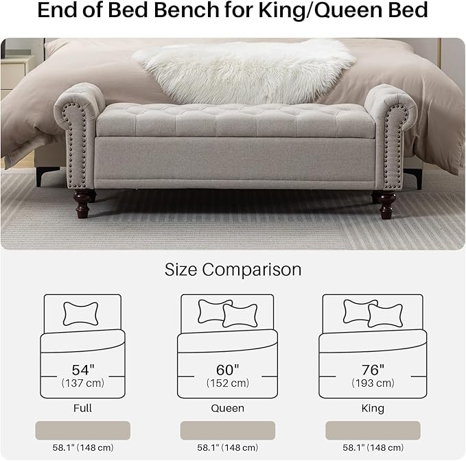 SOFTHION 58.1" Storage Bench Upholstered Linen End of Bedroom Bed Bench Ottoman