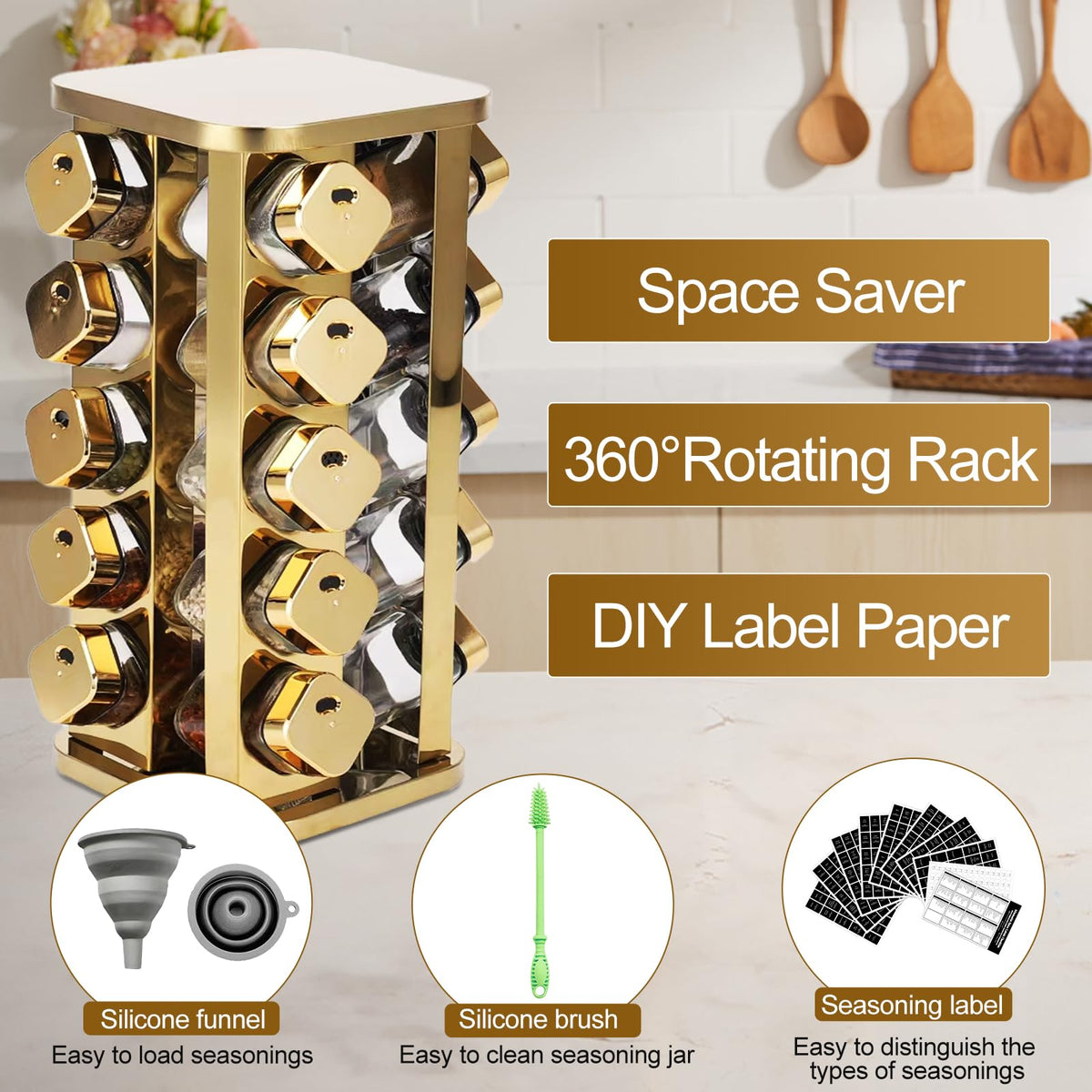 THYEUISM Kitchen stainless steel spice rack with 20 food grade glass cans-275 spice label-rotating vertical bracket and countertop seasoning rack cabinet tower storage rack (golden, 20)