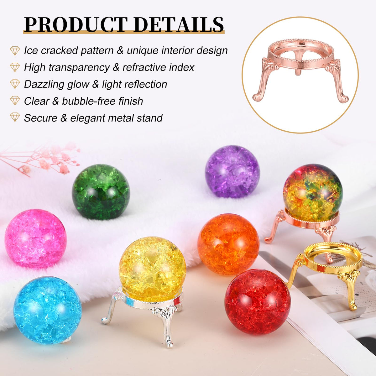 PATIKIL Crystal Ball 40mm, Ice Cracked Glass Ball with Metal Stand, Decorative Crystal Sphere Glass Paperweight for Home Office Table Decor, Yellow/Rose Gold
