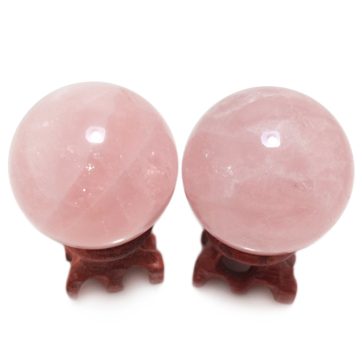 Polar Jade Set of 2 Natural Rose Quartz Crystal Spheres with Wooden Stands, Hand-Polished 45 mm (1.8”) Display Balls for Meditation, Feng Shui & Mindful Décor