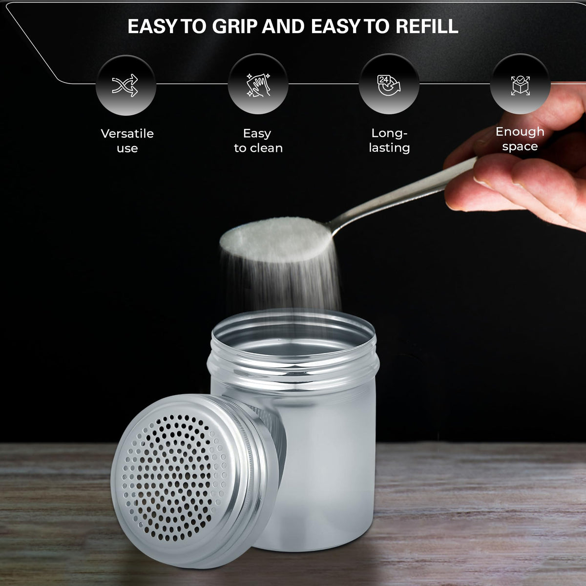 OCS Parts Set of 2 Stainless Steel Dredge Shakers | Without Handle | 10 Ounce Stainless Steel Salt, Pepper, Powdered Sugar an Spice Shakers for Home and Commercial Kitchens