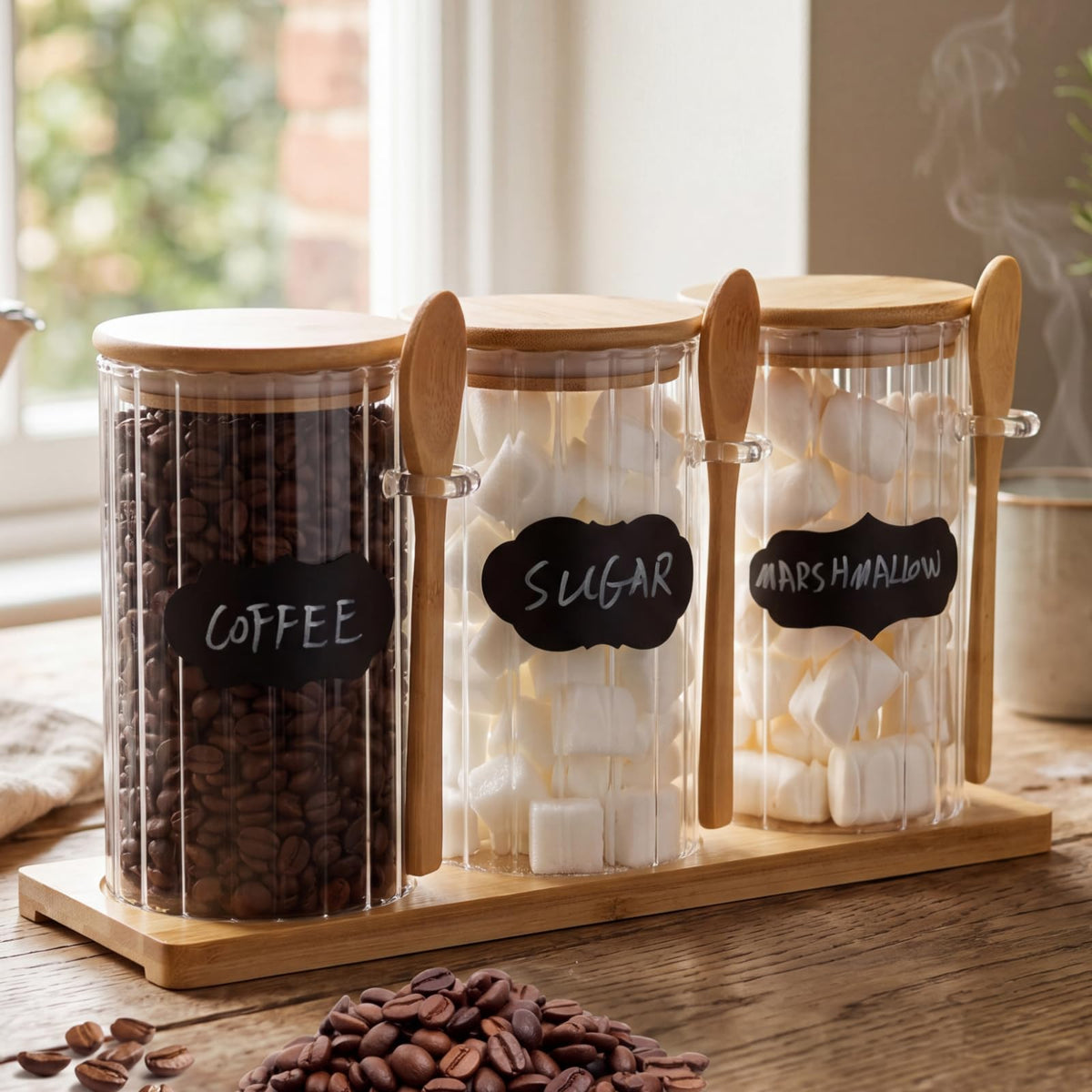 Yiyiring Set of 3 Glass Coffee Container with Bamboo Lids Spoons Labels 25 oz Clear Airtight Jar Food Storage Canister Set for Coffee Tea Sugar Decorative Countertop Organization Jars(Light Wood)