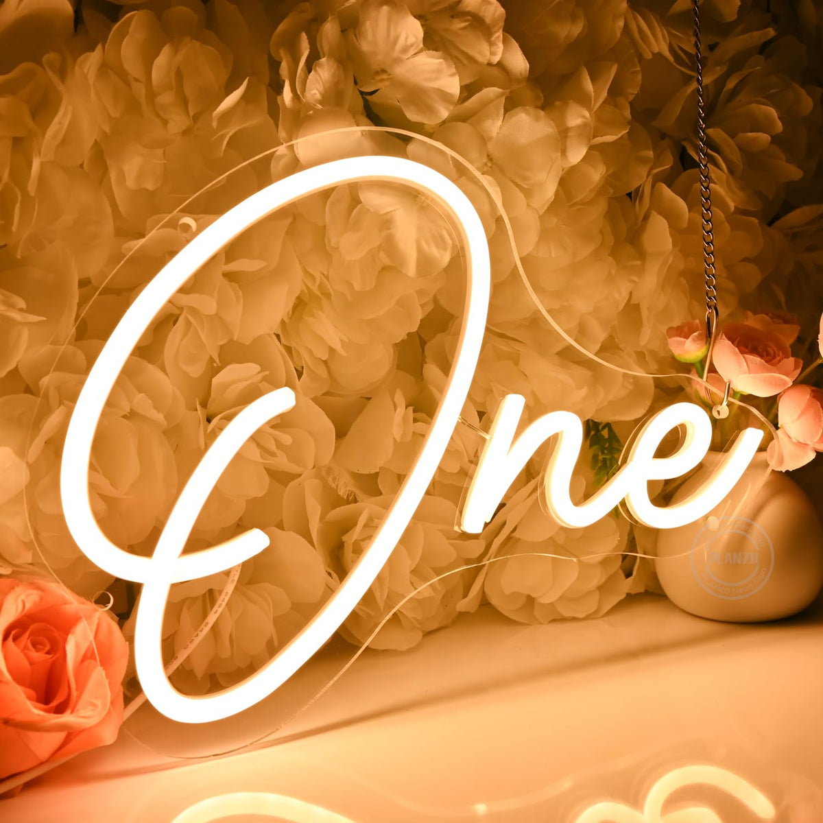 Planzo One Led Neon Sign Light 1th One Year Old Birthday Baby Cave Backdrop Bedroom Wall Sign Decor Banner Wedding Party Decor Gifts USB 11.81"x8.66" Warm White