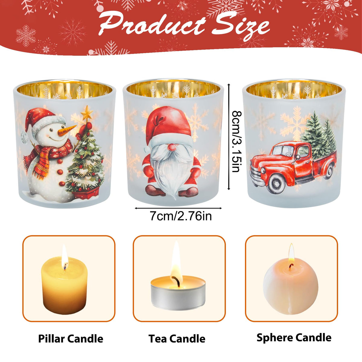 Christmas Votive Candle Holders, Set of 3 White Gold Red Glass Candle Holder for Christmas Table Centerpieces, Xmas Tea Light Holders with Gnomes Truck Snowman for New Year Holiday Party Decor