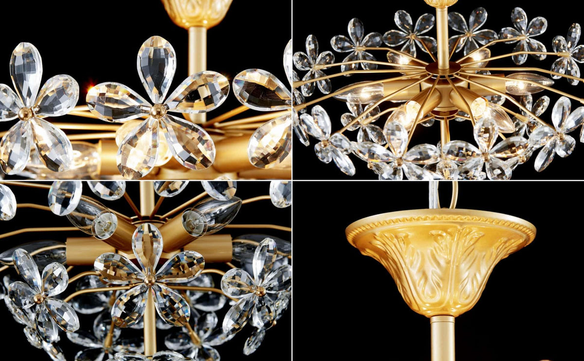 GlowEasely K9 Crystal Flower Chandelier for Dining Room, Living Room, Bedroom, Hallway, Kids Room, Foyer, Gold, Mayflower 6-Light Modern Pendant Chandelier, E12 Socket, D18.3 * H16~41inch (Adjustable)