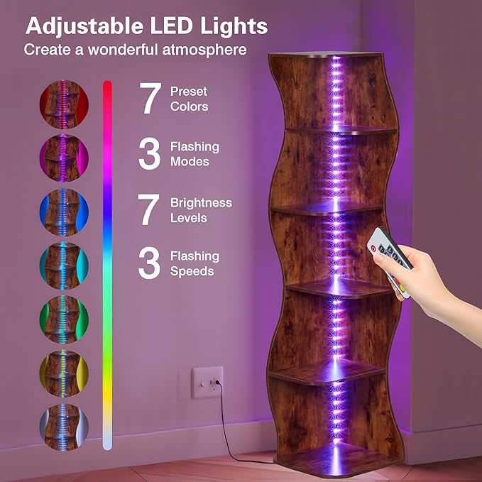 VECELO Wavy Corner Shelf with LED Light, Decorative 6-Tier Corner Display