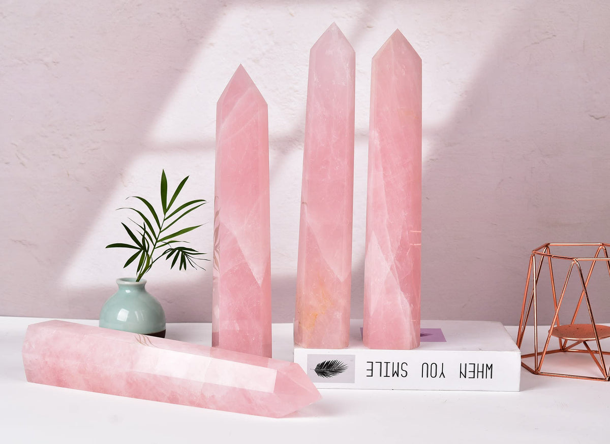 AMOYSTONE Extra Large Healing Crystal Obelisk Tower Rose Quartz Point Wand Crystal Decor Reiki Gifts for Bignners 1.7-2.2 LBS