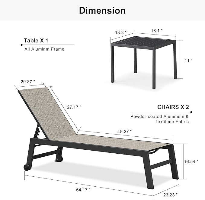 PURPLE LEAF Patio Chaise Lounge Set 2 Pieces Textilene Pool Lounge Chairs