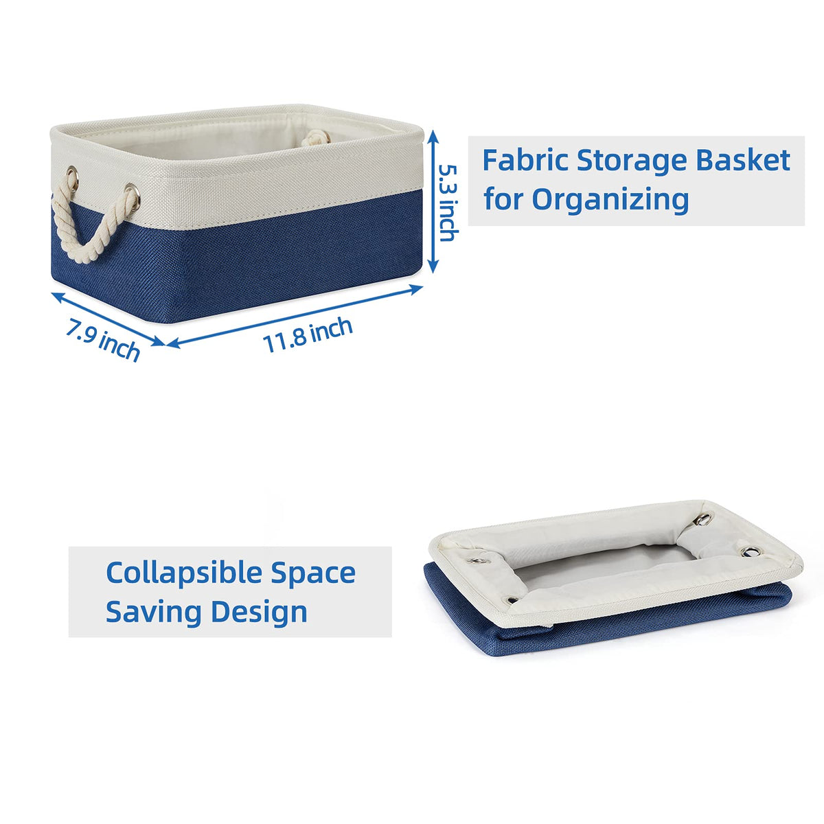 Temary Small Storage Baskets for Shelves, 6 Pcs Empty Gift Baskets for Organizing Clothes, Books, Fabric Storage Bins with Rope Handles (White&Blue,11.8 L x 7.9 W x 5.3 H inches)