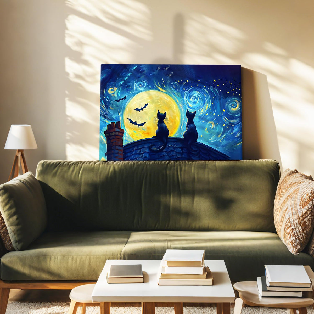 EEYNAQQ Starry Night Black Cat Wall Art, Van Gogh Style Halloween Canvas Painting, Moon Bat Rooftop Cat Wall Decor for Living Room Bedroom Children's Room, 12x16 Inches Ready to Hang