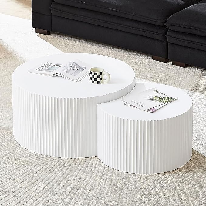 White Round Coffee Table Nesting Coffee Table Set of 2 Circle Fluted Cofee