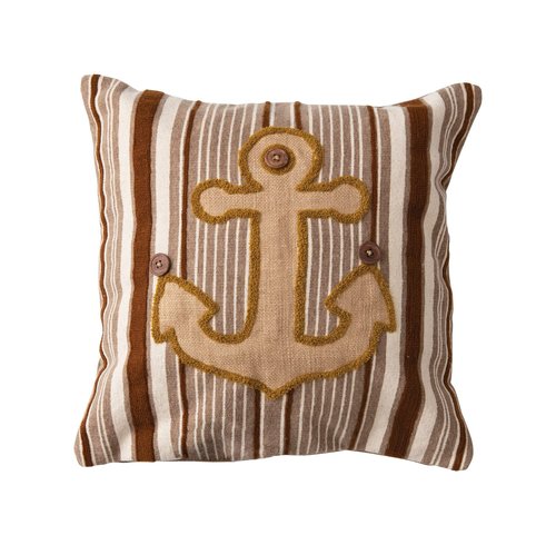 Creative Co-Op Woven Cotton Blend Appliqued Anchor Stripes and Wood Buttons Pillow, 18" L x 18" W x 2" H, Multicolor