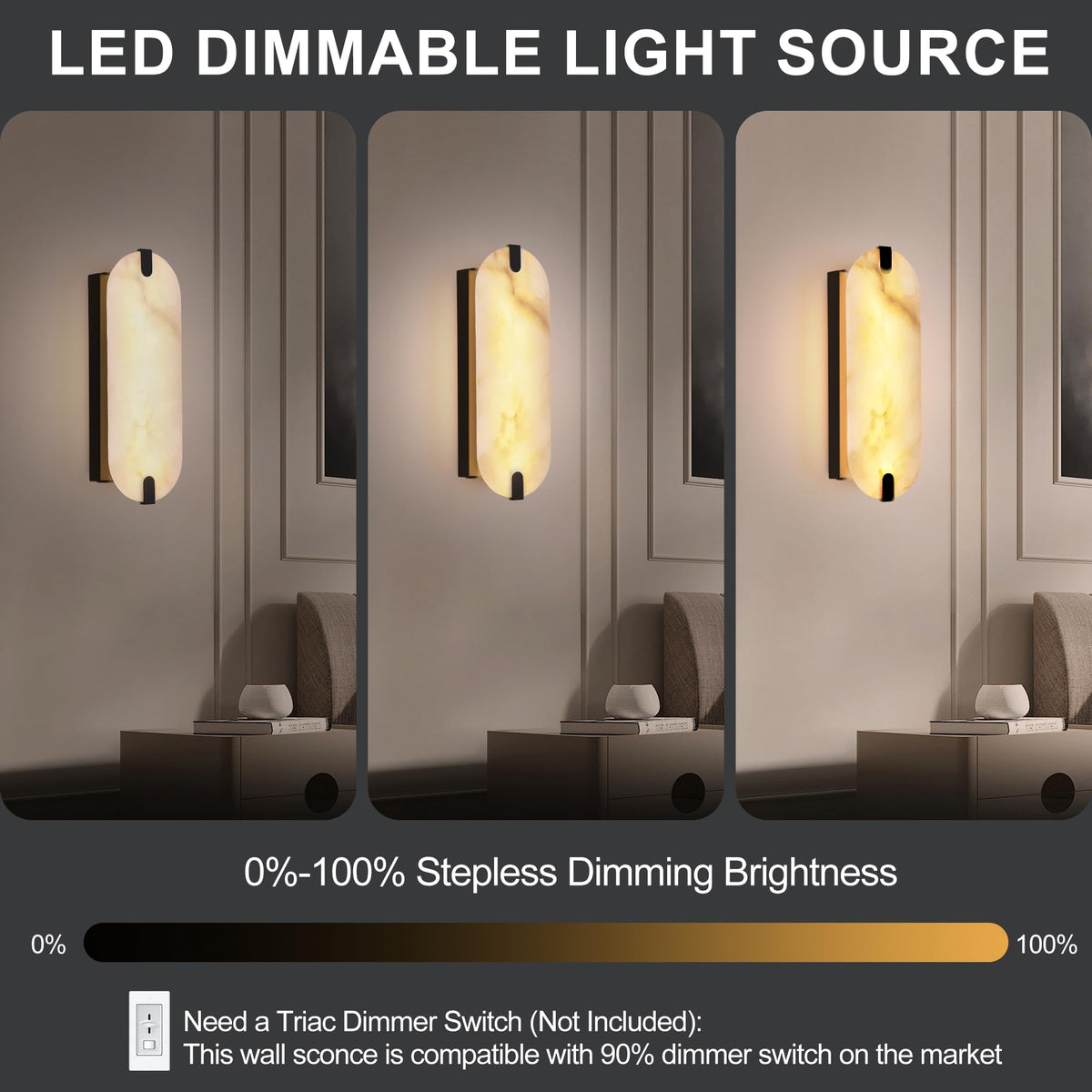 DLUCE 14.17in Alabaster Wall Sconces, Natural Marble Wall Light, Modern LED Alabaster Sconces for Living Room Indoor Wall Lamps for Dining Room Stairs Bedroom,Black