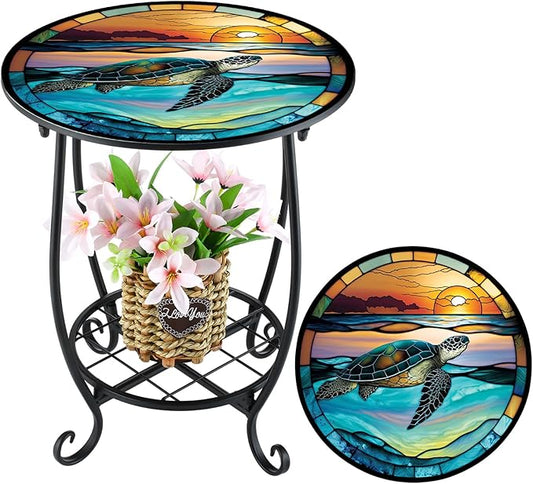 Cinnvoice Outdoor Side Table Round Small Mosaic Patio Accent Indoor End Plant
