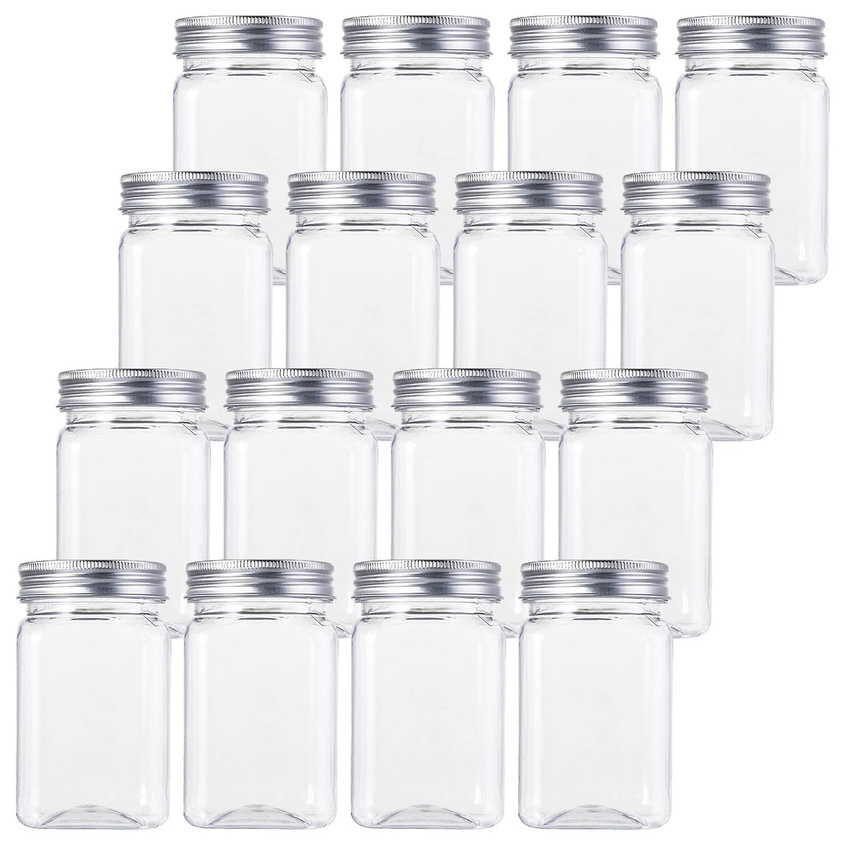 Bekith 16 Pack Clear Plastic Jars with Lids, 13oz Airtight Container for Food Storage, Refillable Square Empty Plastic Jars for Dry Food, Peanut Butter, Honey and Jam Storage