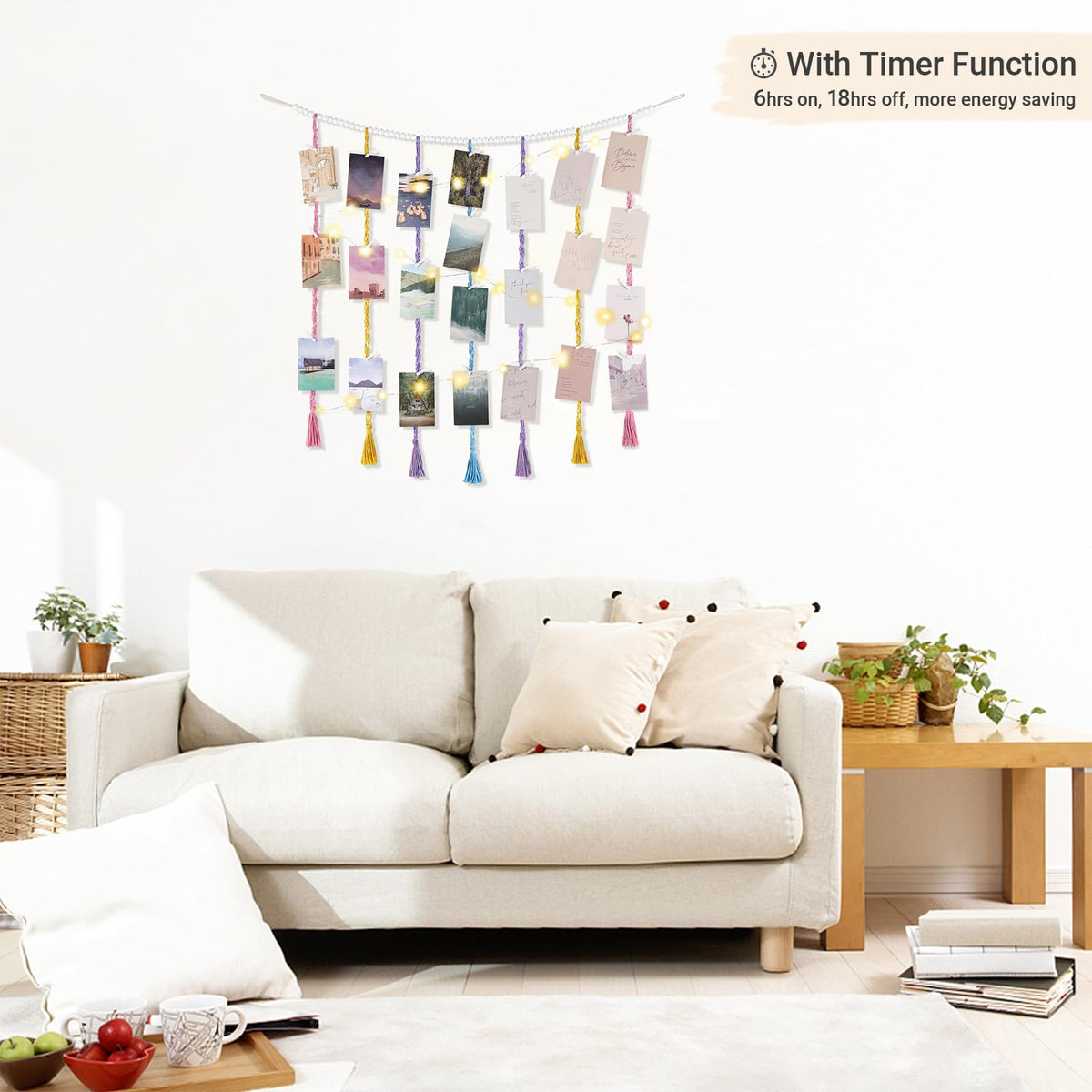 Mkono Macrame Hanging Photo Display Wall Decor with String Lights, Boho Wooden Beads Garland Collage Picture Card Frame Holder with 45 Clips for Bedroom Living Room Dorm, Teen Girls Gifts
