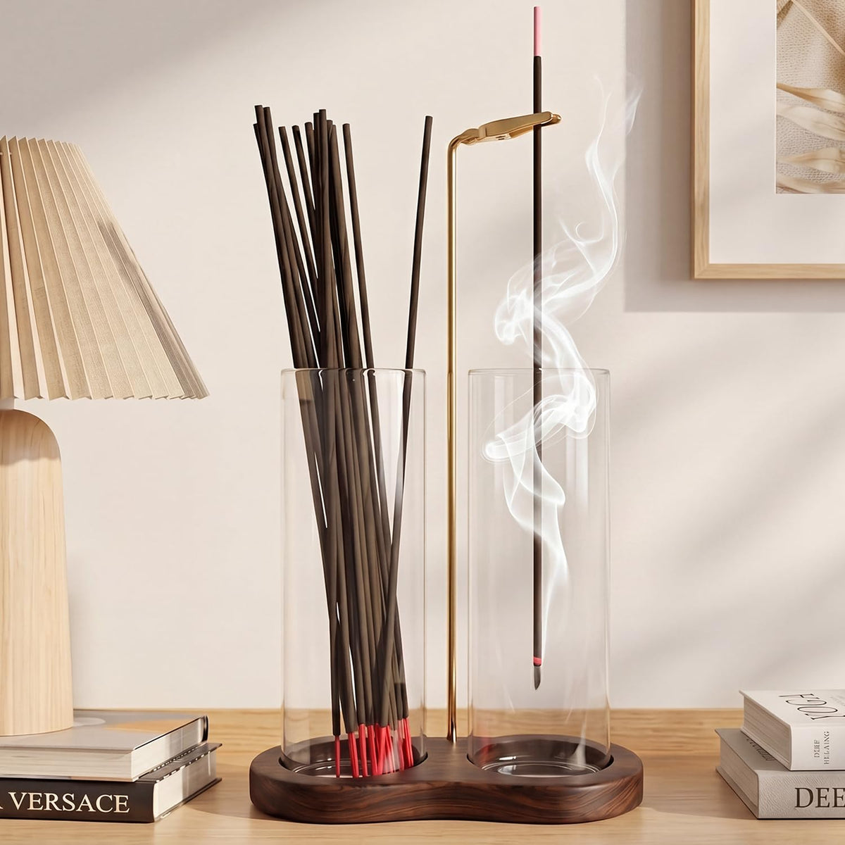 2 in 1 Mess-Free Hanging Incense Holder for Sticks, Anti-Ash Glass Incense Burner with Wooden Tray, Vertical Brass Stand Catcher, Aesthetic Zen Room Decor for Aromatherapy and Meditation