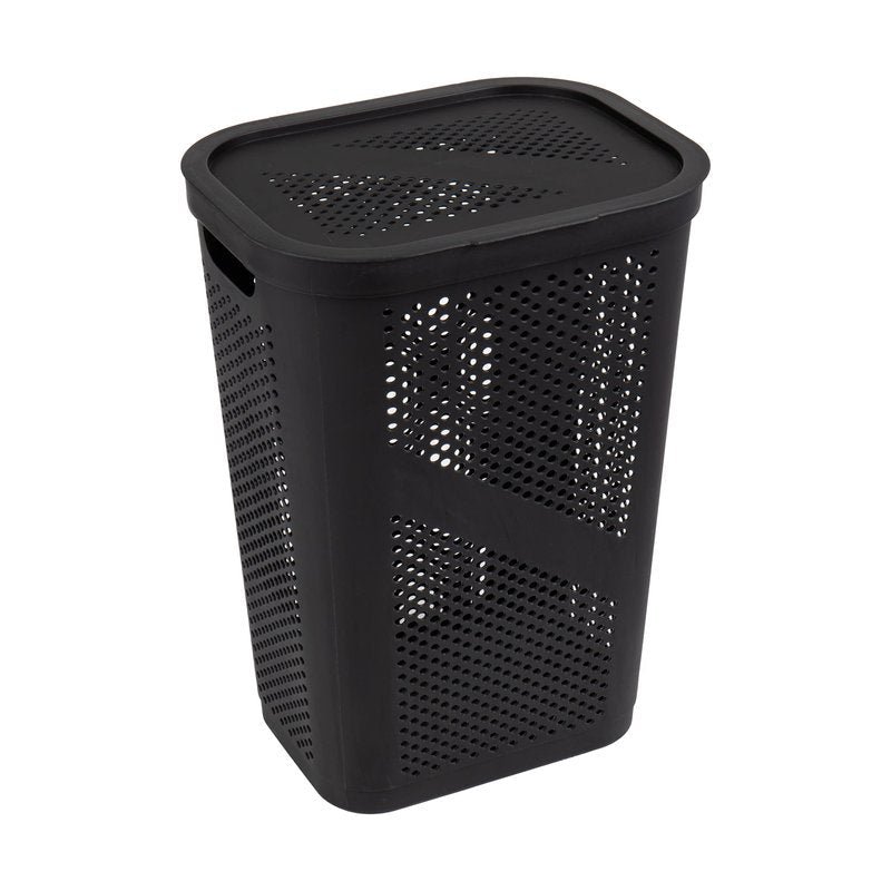 Mind Reader Slim Laundry Hamper with Lid, 60L Clothes Basket, Ventilated Plastic, Black