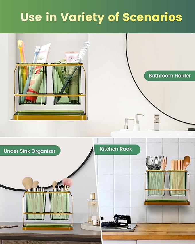 KONE Green Toothbrush Holders for Bathrooms, 2 Cups Toothbrush Holders Wall